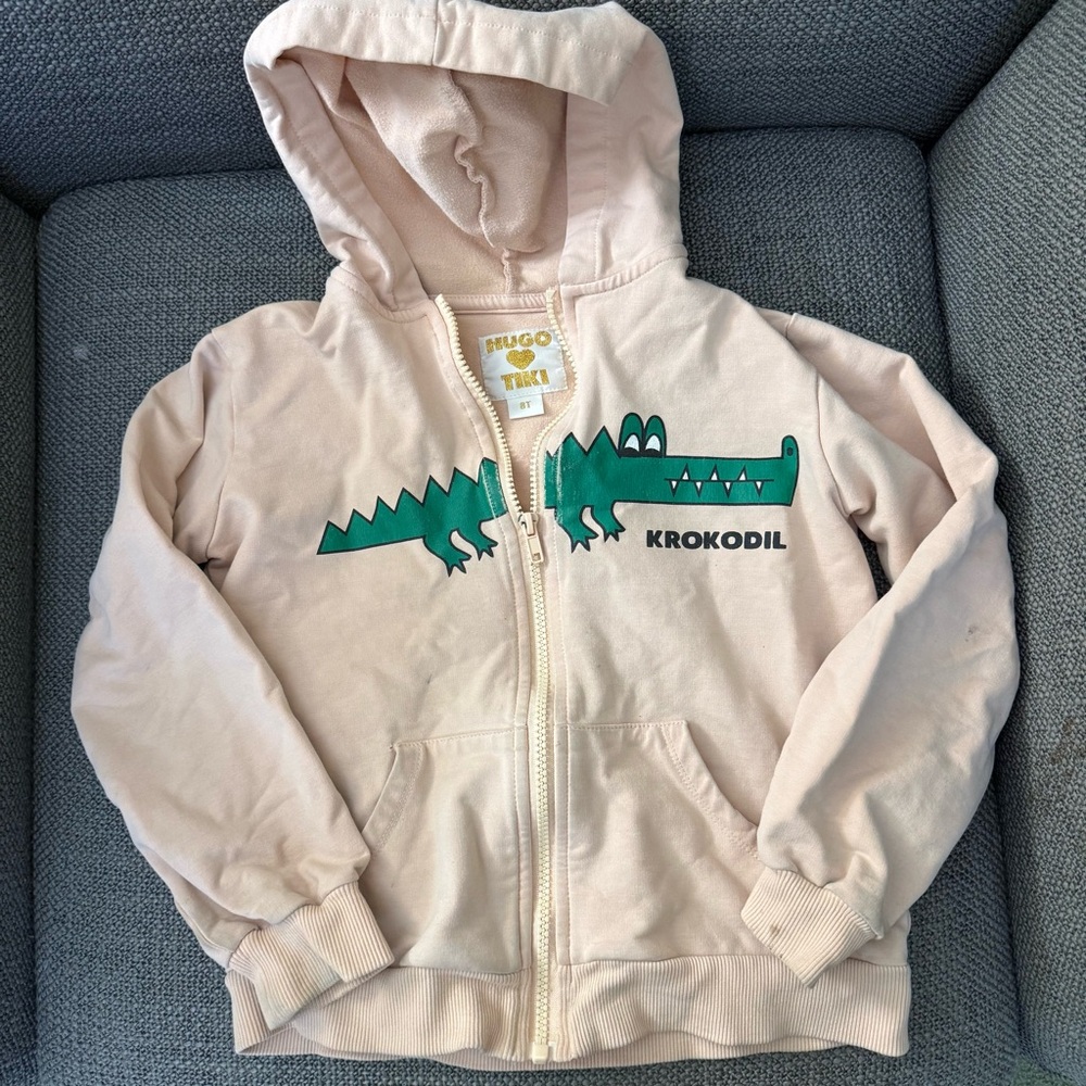 HUGO Loves Tiki Kids Cream Hoodie with Green Krokodil Design